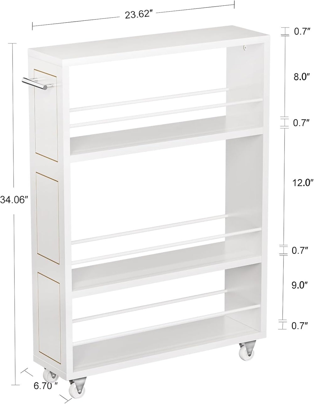 KLM 4 Tier White Slim Storage Cart with Handle, Slide Out Storage Rolling Uti...