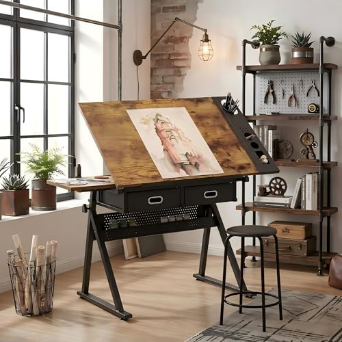 Adjustable Drawing Table with 2 Drawers & Stool, for Art & Work