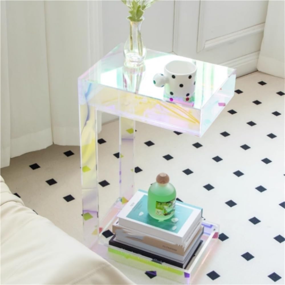 Acrylic Side Table with Integrated Base, Iridescent End Table, C-Shape Nights...