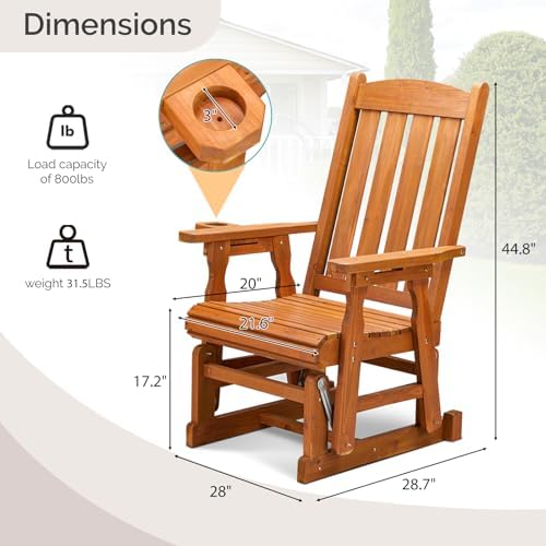 VINGLI Outdoor Glider Chair Wood Patio Glider with Cup Holder, Porch Glider w...