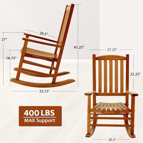Hupmad Wooden Oversized Porch Rocker Chair with High Back and Armrest, All We...