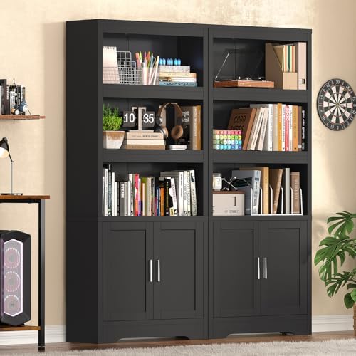 Book Shelf and Bookcase with Doors, 5-Tier Display Storage Cabinet with Adjus...