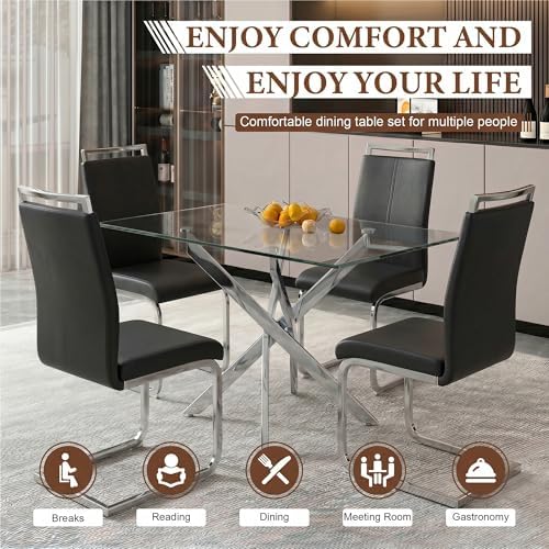 5 Piece Glass Dining Table Set for 4, Modern Tempered Glass Top Kitchen Table...