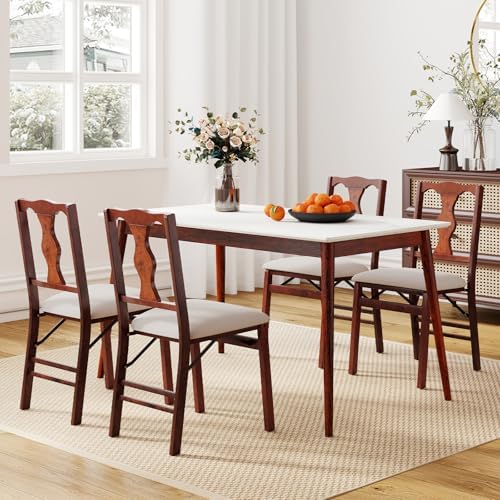 KOTEK Folding Dining Chairs Set of 4, Wooden Kitchen Chairs with Linen Fabric...