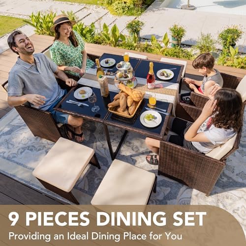 Devoko 9 Pieces Patio Dining Sets Outdoor Space Saving Furniture Sets,Beige