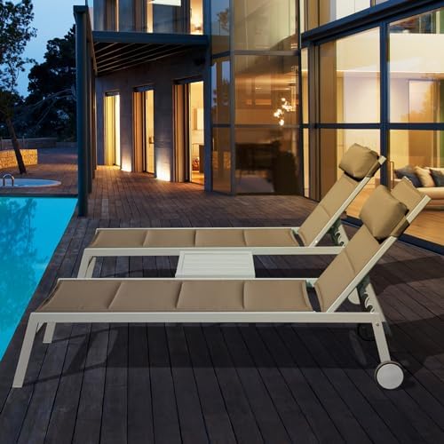 Domi Patio Chaise Lounge Set of 3, Pool Lounge Chairs with Table,Khaki