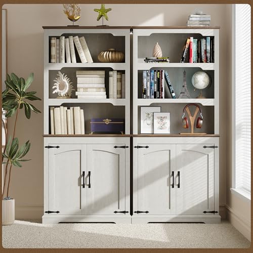 70” White Bookcase Bookshelf, 5-Tier Farmhouse Bookcases with Doors