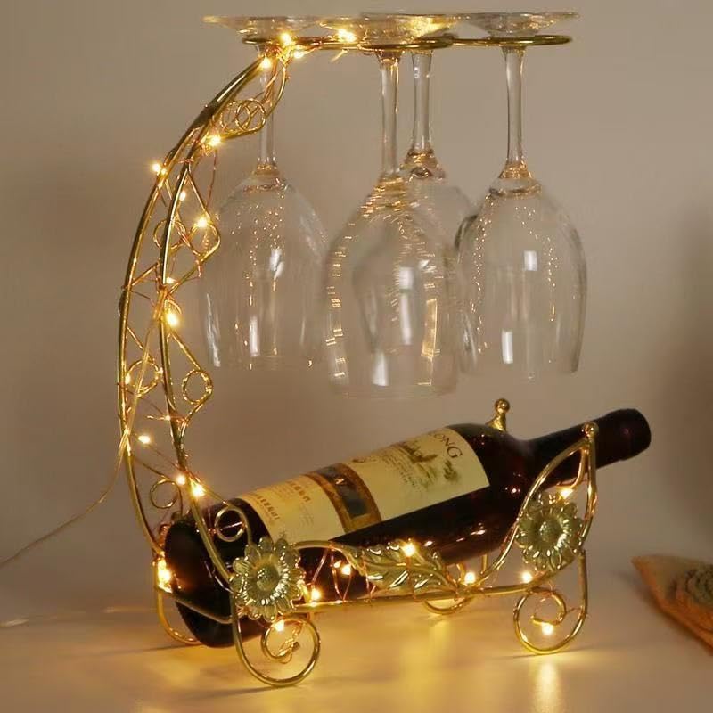 Wine Rack with Glass Holder, Countertop Bottle Stand, Gold Metal with Floral ...