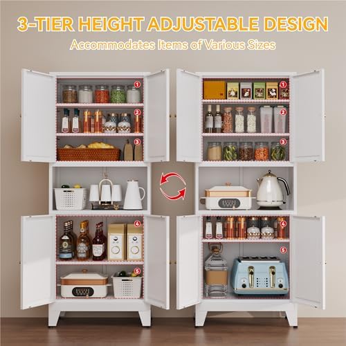 YAUWOH 69" Tall Metal Kitchen Pantry Cabinet with Microwave Shelf, 4 Doo...