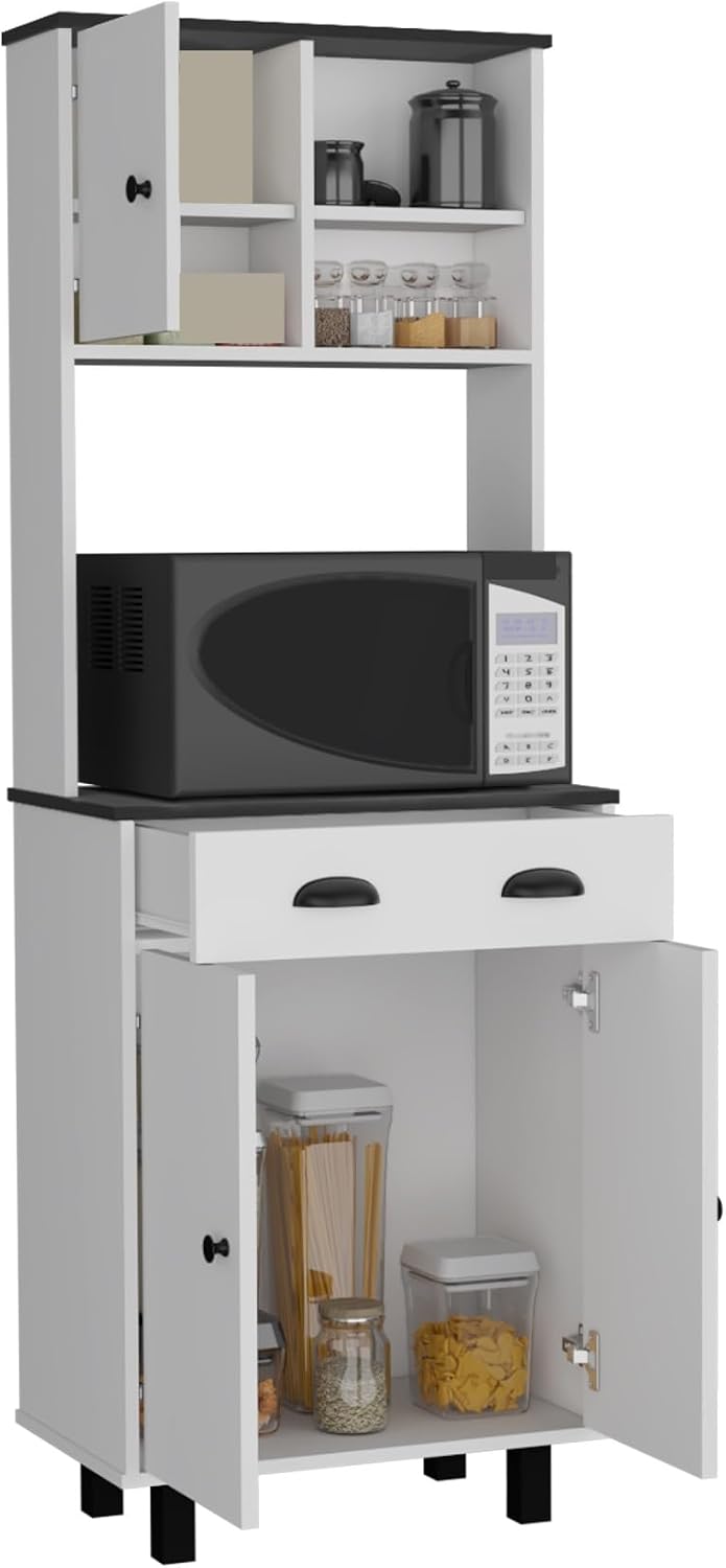 Pantry Sideboard Kitchen Cupboard with 2 Cabinets, 2 Open Shelves and Drawer,...