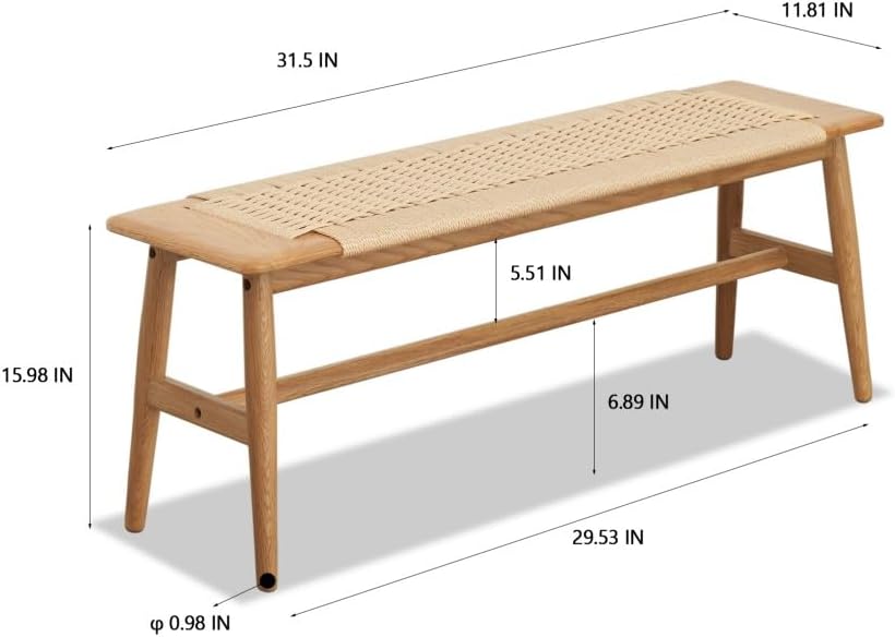 Wood Dining Bench with Hand Woven Rattan Seat, Farmhouse Entryway Bench for B...
