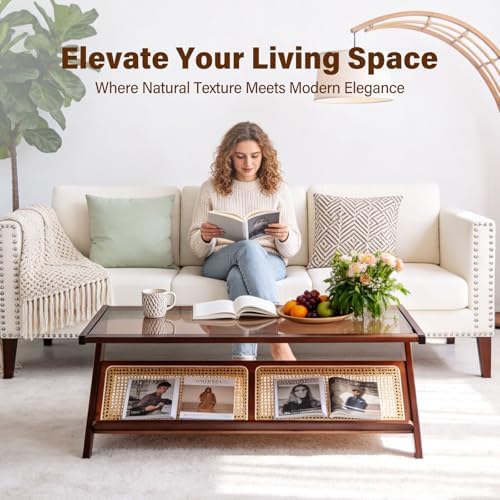 Tiita Brown Rattan Coffee Table, Bamboo Glass Top Table with Storage