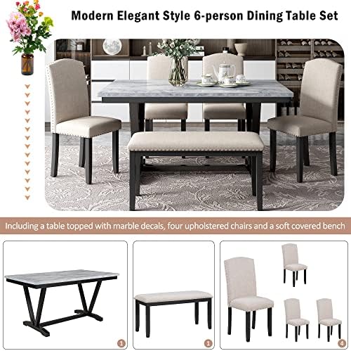 Merax Modern 6-piece Dining Table with Cushions Chairs and Bench, Elegant Din...