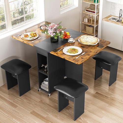 AWQM Folding Dining Table Set for 4, Storage Folding Table & Chair, Walnut