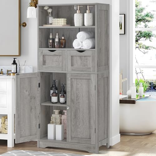 Iwell Storage Cabinet with 2 Drawers & Adjustable Shelf, Tall Bathroom Ca...