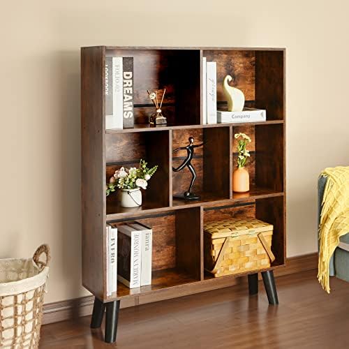 LEYAOYAO Cube Bookshelf, Mid-Century Modern Book Shelf with Legs, Brown