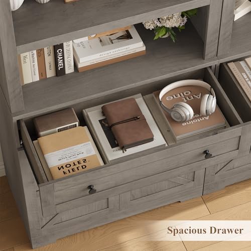 HOSTACK 72" Bookshelf with Storage, Tall Bookcase w/Deep Cabinet, Ash Grey