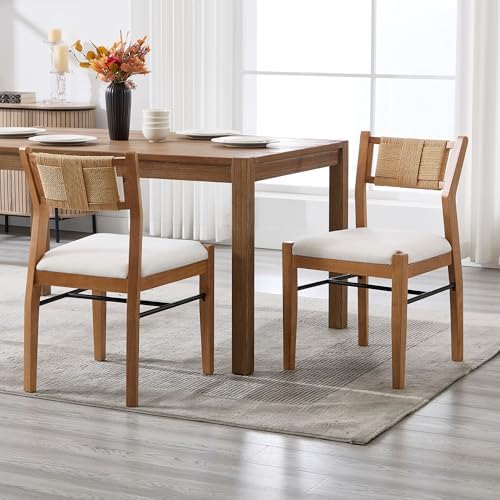 BESTANO Modern Armless Dining Chairs with Rope Woven Back Set of 2, Beige Lin...