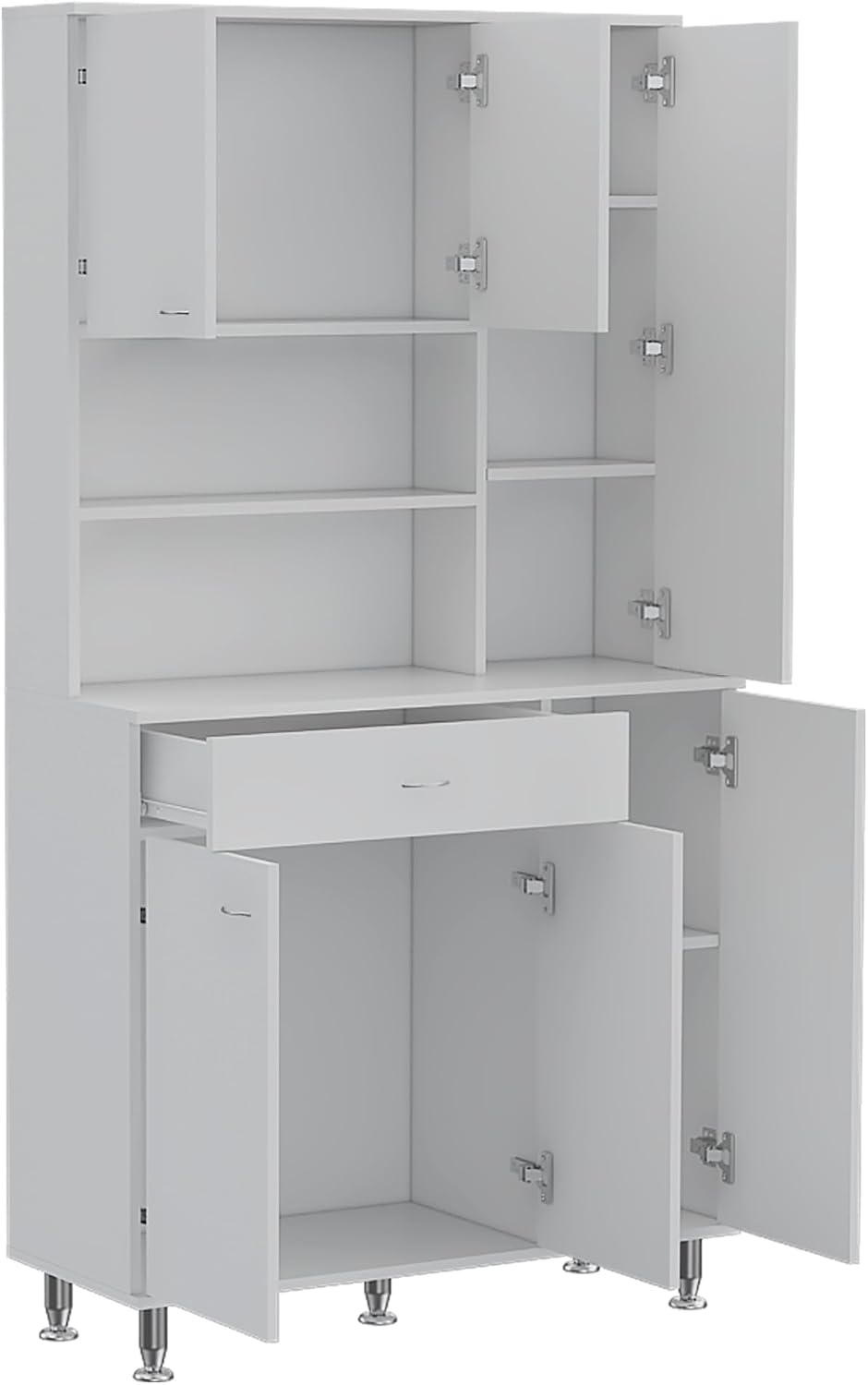 90 Kitchen Pantry Cabinet, Two Open Shelves, One Drawer, Multiple Cabinets, W...