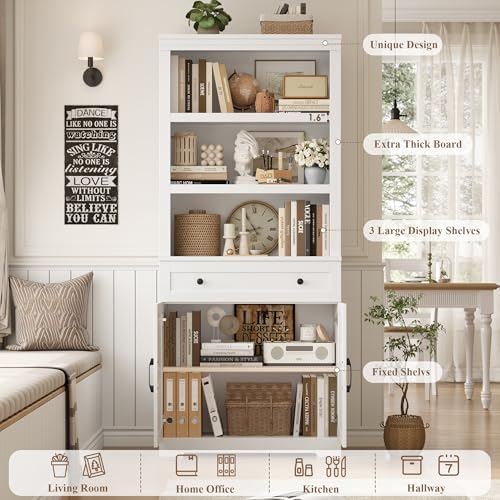 HOSTACK 72"H Bookshelf with Storage, Tall Bookcase with Deep Cabinet, White