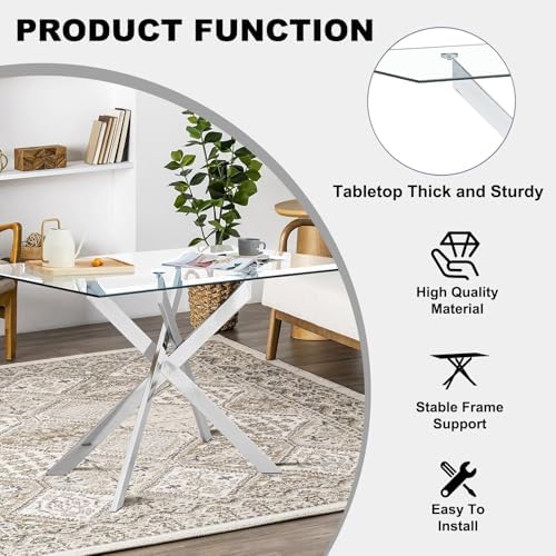 51" 7-Piece Glass Dining Table Set for 6, Black&Silver