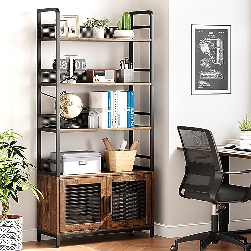 GarveeHome Bookshelf with Doors Industrial Bookcase with 4 Tiers Open Storage...