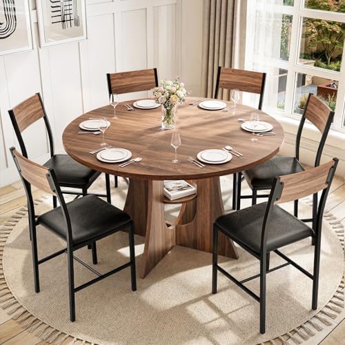Pamapic Dining Table Set for 6, 47" Round Dining Table with Chairs, Cros...