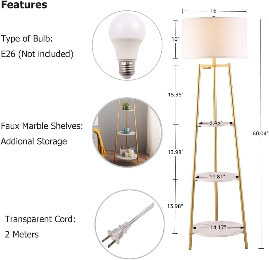 ROSEN GARDEN Floor Lamp, Standing Reading Light with Faux Marble Shelves and ...