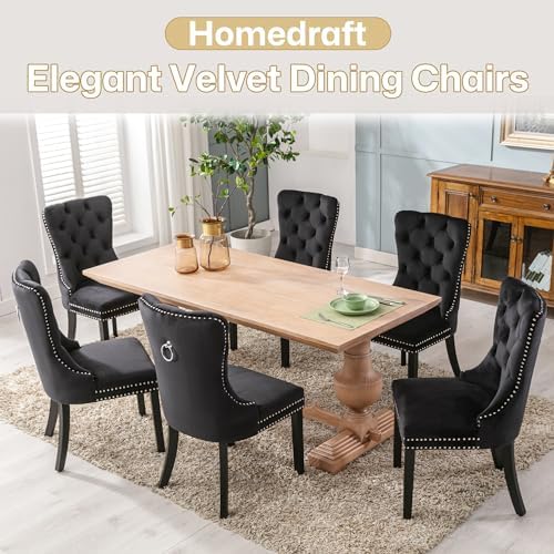 Velvet Dining Chairs Set of 6 with Wood Legs and Pull Ring, Black