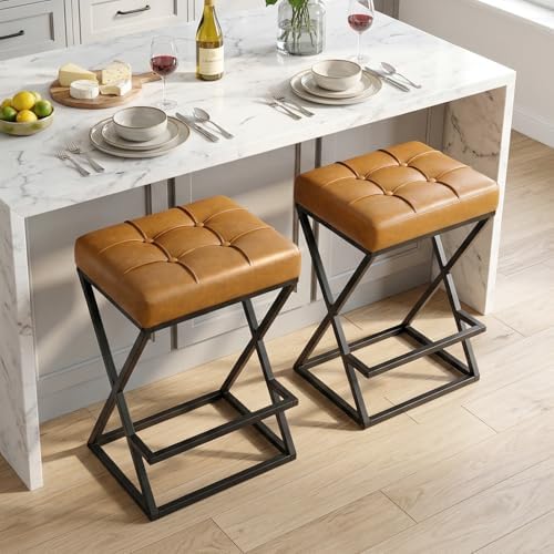 Bar Stools Set of 2, 26 Inch Counter Height Stool Faux Leather Brown | Backle...
