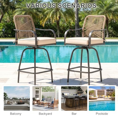 Outdoor Wicker Bar Stools Set of 4 Patio Swivel Chair Khaki