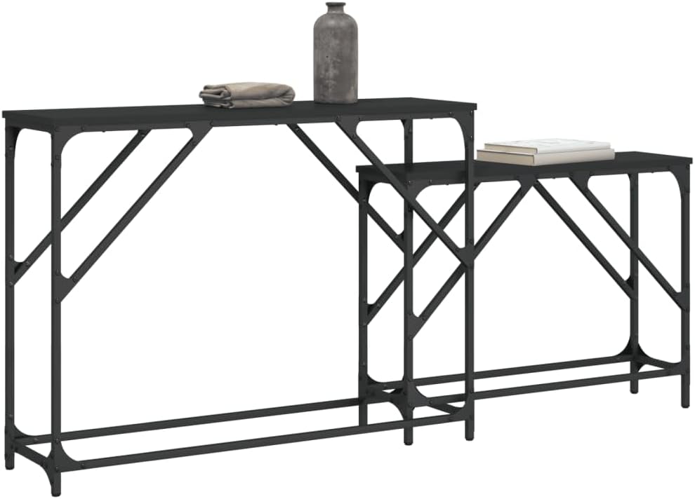 Nesting Console Tables 2 Pack Black Engineered Wood | Metal Frame, Space Savi...