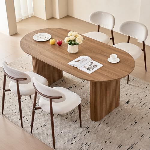 Brown Dining Table Set for 4 with Beige Chairs with Metal Legs | [Rounded Edg...