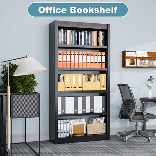 Bookcase, 5-Shelf Industrial Bookshelf, Large Storage Space, Adjustable Books...