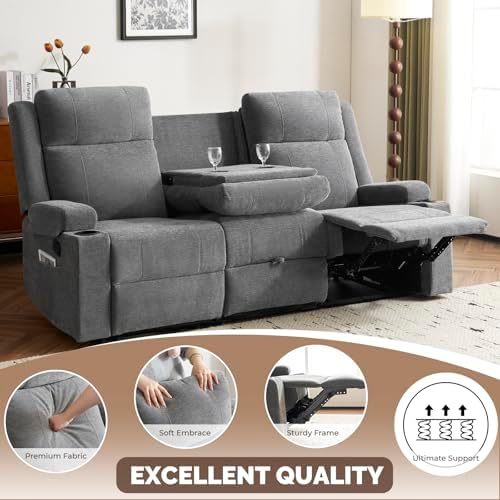 Chenille Reclining Sofa 3-Seater with Convertible Table, Storage Ottoman &...