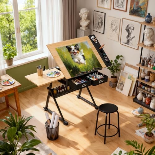 Magshion Drafting Table for Adults w/Stool, Natural