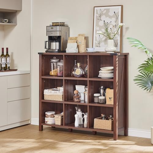 Joaxswe 9 Cube Bookcase, Farmhouse 47 Inch Wide Brown Walnut Bookshelf, Woode...