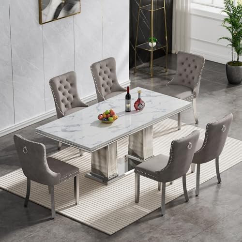 HomVent 68'' Silver Faux Marble Dining Table Set with 6 Grey Velvet C...
