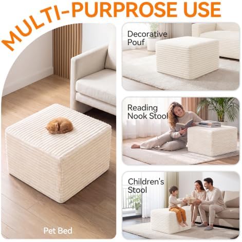 23in Square Pouf Ottoman, Large Corduroy Ottoman Foot Rest with Solid High-De...