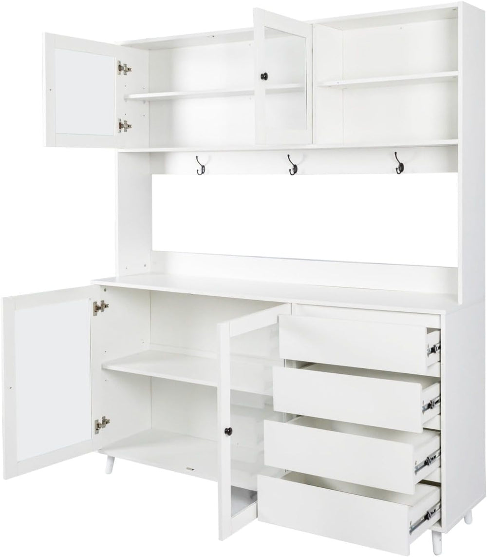 Modern White Kitchen Buffet and Hutch Storage Cabinet with Glass Doors, 4 Dra...