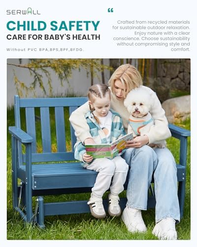 SERWALL 2 Person Patio Glider Bench, HDPE All Weather Swinging Bench, Navy