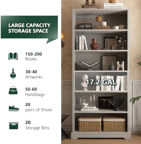 TVU 6 Tiers Wooden Bookshelf, 77.2" Tall Farmhouse Style Open Bookcase, ...