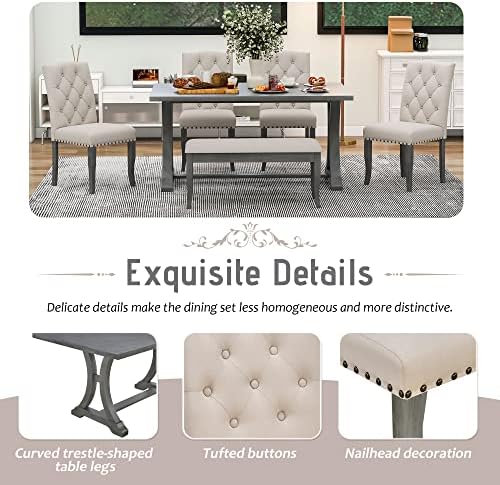 Merax 6-Piece Kitchen Dining Table Set, Farmhouse Dining Table Set with Recta...