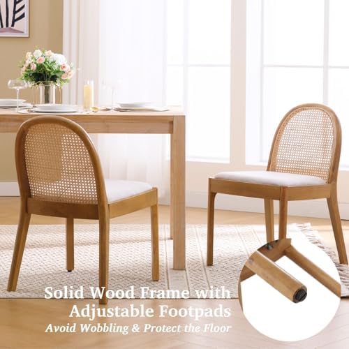 LukeAlon Linen Dining Chairs Set of 4, Natural Woven Cane Back with Solid Woo...
