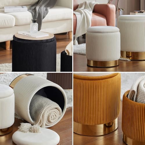 Round Ottoman with Storage Set of 2 Upholstered Velvet Vanity Stool Small Ott...