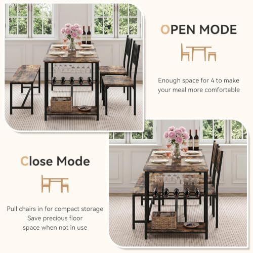 55-Inch Dining Table Set for 4 with Bench, Wine Rack, Rustic Brown