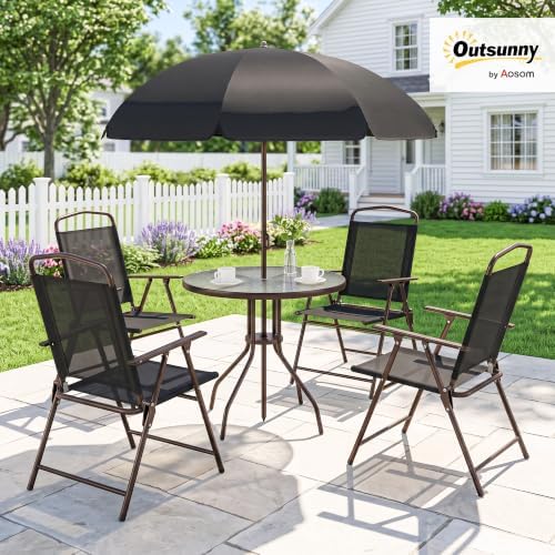 Outsunny 6 Piece Outdoor Patio Dining Set for 4 with Umbrella Black/Coffee
