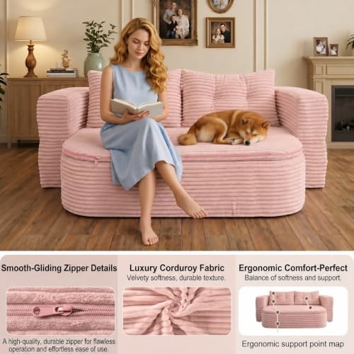 78.7" Futon Sofa Bed, Memory Foam Convertible Couch, Pink | Sophisticate...