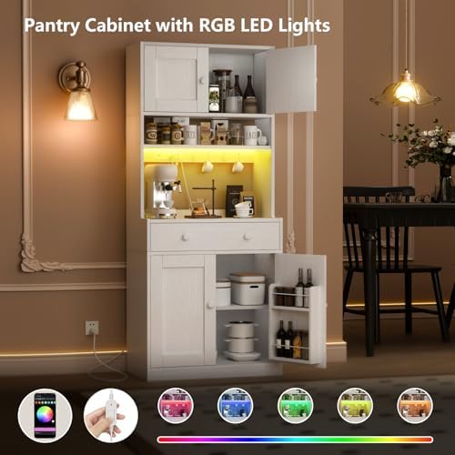 71" Tall Kitchen Pantry Cabinet with Microwave Countertop, LED Lights Wh...