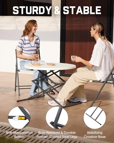 FanttikOutdoor Folding Table Round 32" Quick Adjust 4 Heights Party, Patio